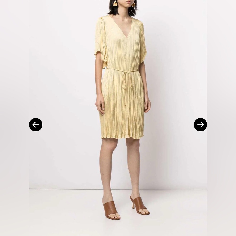 Vince Pleated V Neck‎ Dress Yellow Silk Blend Flutter Sleeve NWT XS
